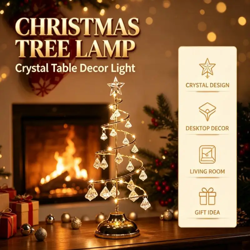 Christmas Tree Table Lamp, Battery Operated LED Crystal Drop Decorative Light with Star Topper for Bedroom Living Room Decor