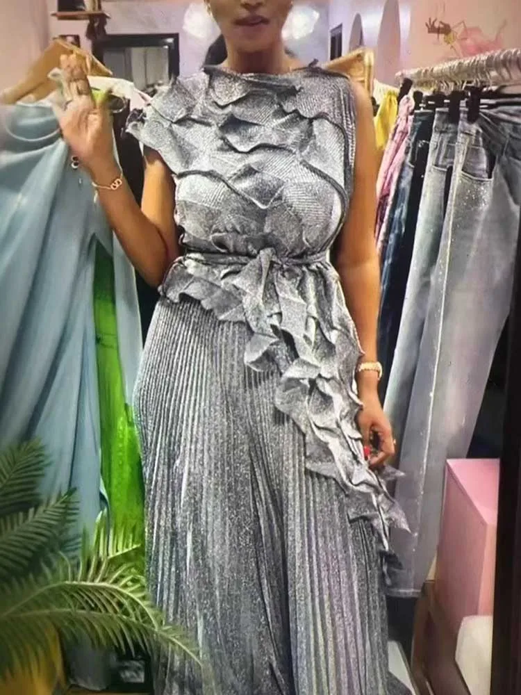 

Women New Arrival Summer Plus Size Casual Loose Two Piece Set Hot Sstamping Pleated Elegant Set Pants with Sleeveless Top