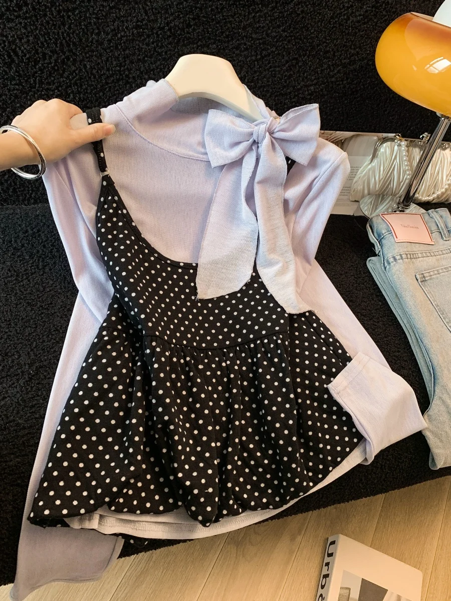 

Chic Polka Dot Halter Neck Top And Bottom Set Women's Fashion Spring Outfit Knot Long Sleeve Slim Fit Sweet Style