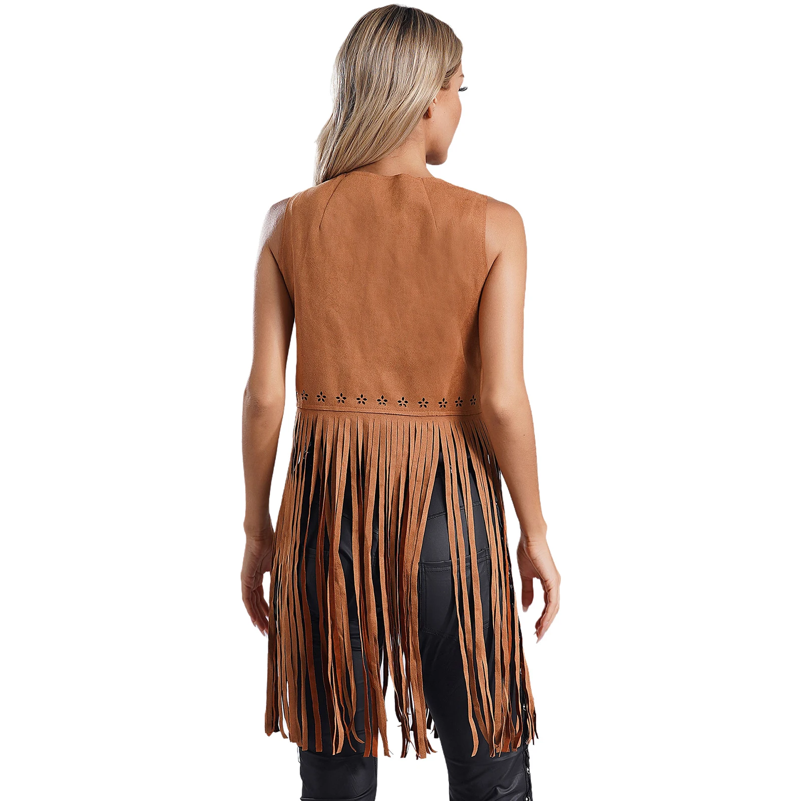 Women's Faux Suede Fringe Long Vest 70s Hippie Costume Coat Open Front Sleeveless Cowboy Style Jackets Waistcoat Outerwear