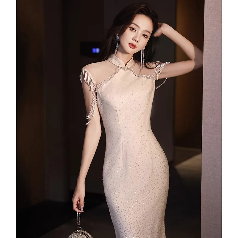 

Sexy Sequin Qipao Improved Chinese Style Dress Women Sweet Mermaid Evening Dresses Long Elegant Cheongsam Vestidos