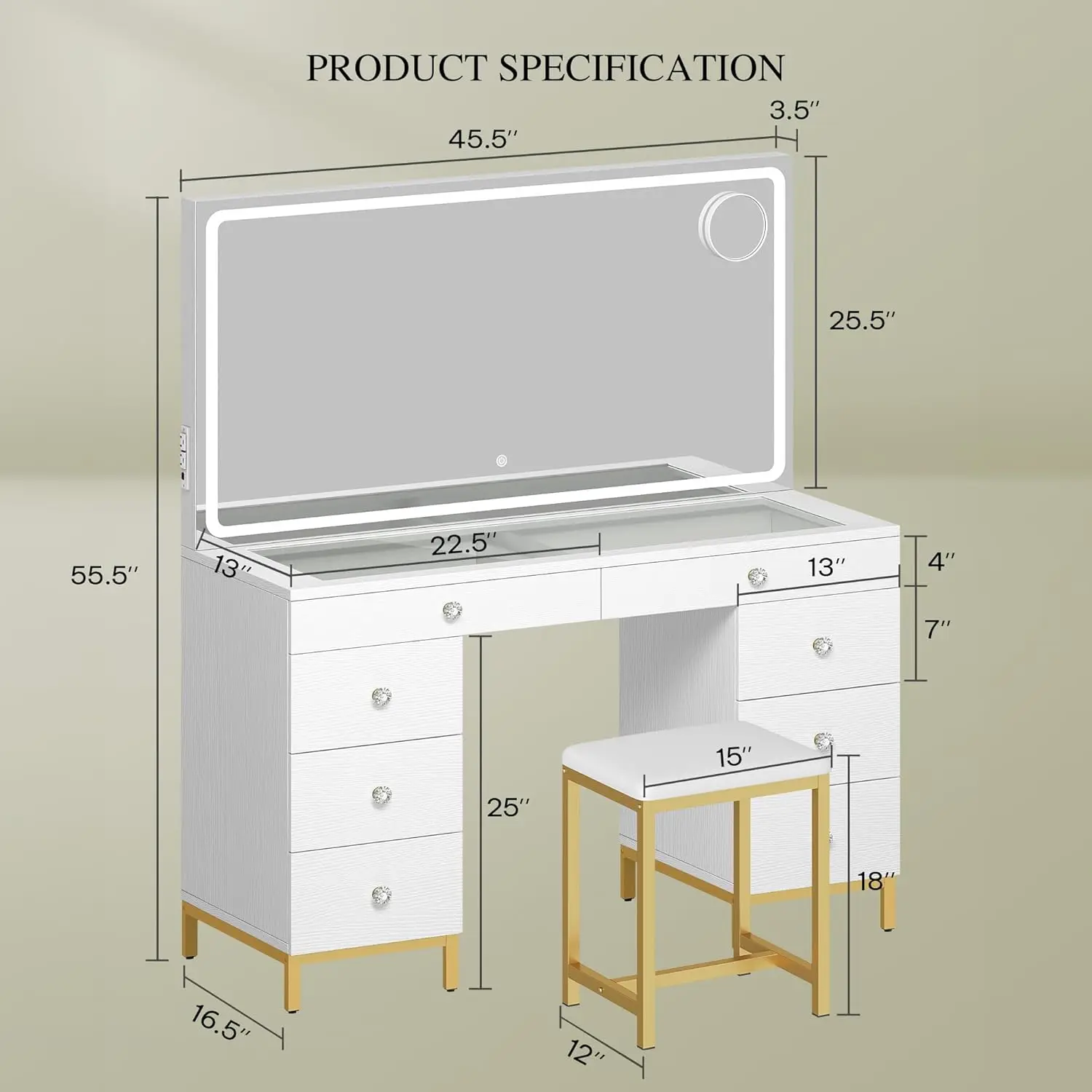 Vanity Desk with Mirror, Power Outlet and Magnifying Glass, Makeup Table with 8 Drawers