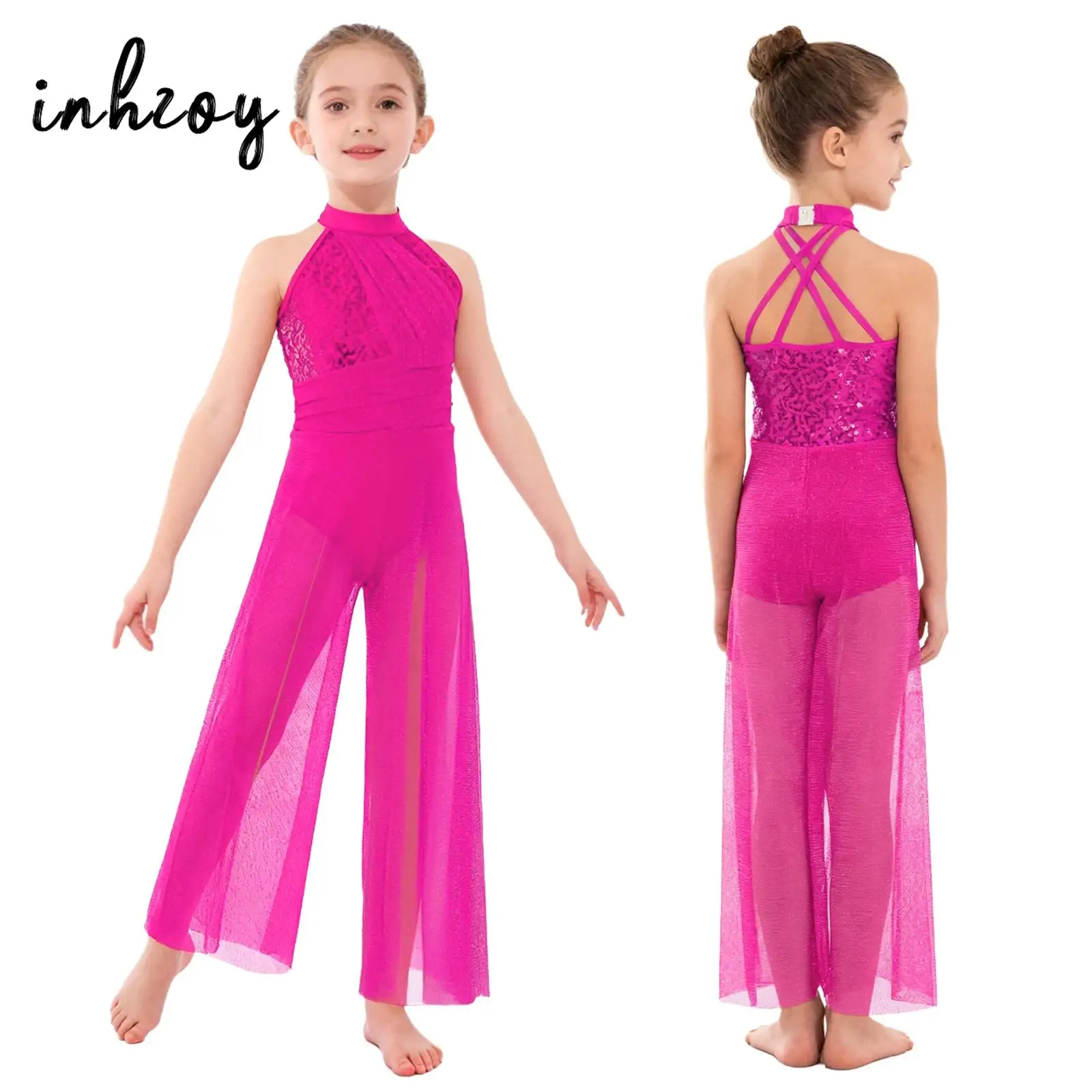 

Детский комбинезон для лирических танцев для девочек, сетчатое боди без рукавов с блестками и широкими штанинами для выступлений и выступлений