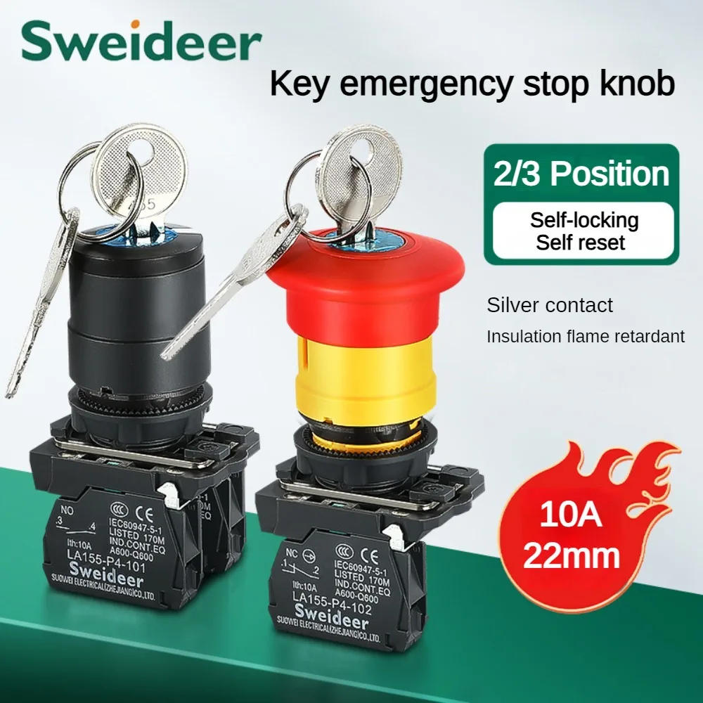 Interruptor de Perilla Selectora XB4 de 22mm, 2/3 Posiciones, Autobloqueante, Momentáneo, con Reinicio Automático, Botón de Parada de Emergencia, Interruptor de Encendido/Apagado 10A