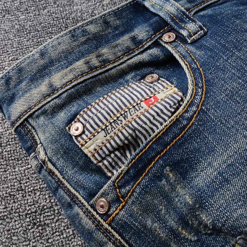 Fashion Designer Men Jeans Retro Washed Blue Elastic Slim Fit Ripped Jeans Men Embroidery Patched Vintage Denim Pants Hombre