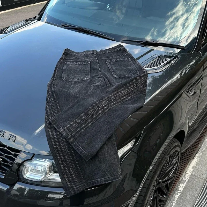 แพทช์เย็บปักถักร้อยกางเกงยีนส์สําหรับชายเสื้อผ้า Street Hip Hop Vintage กางเกงยีนส์สีดําผู้ชายสบายๆกางเกงขากว้างกางเกงยีนส์บุรุษ