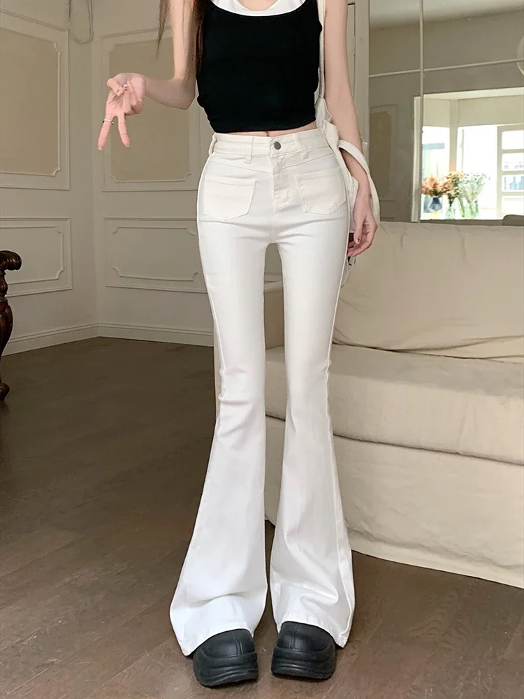 Trendy and minimalist white design pocket jeans women's summer high waisted slim fit elastic micro flared pants