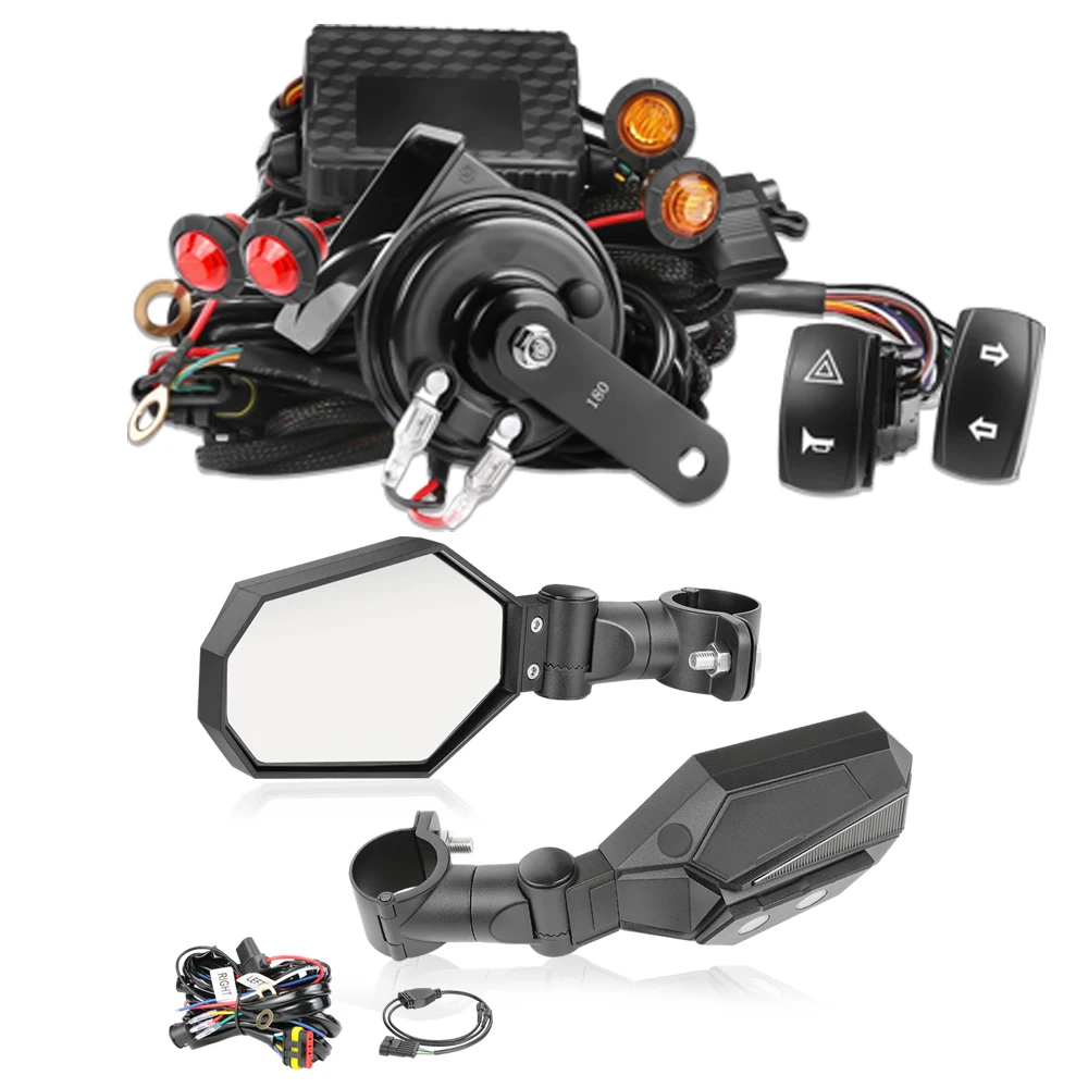 

UTV 1.6"-2" Rollbar Ultra-Wide Rear View Side Mirrors w/RGB LED Lights with UTV Turn Signal Street Legal Horn Kit Rocker Switch