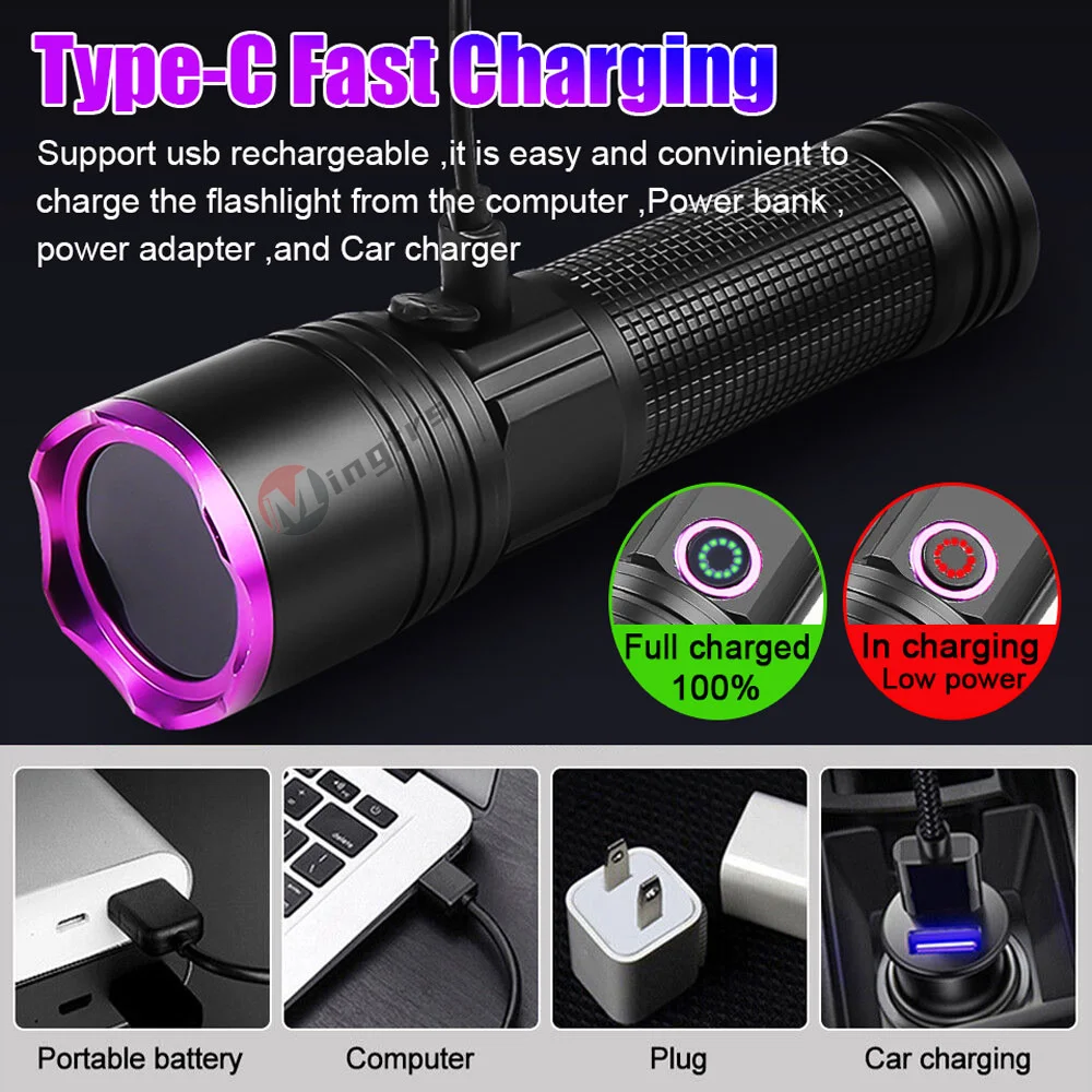 Genuine 365nm UV Flashlight USB Rechargeable UV Light High Power Black Light Flashlight for Pet Urine Detection, Scorpion,Resin