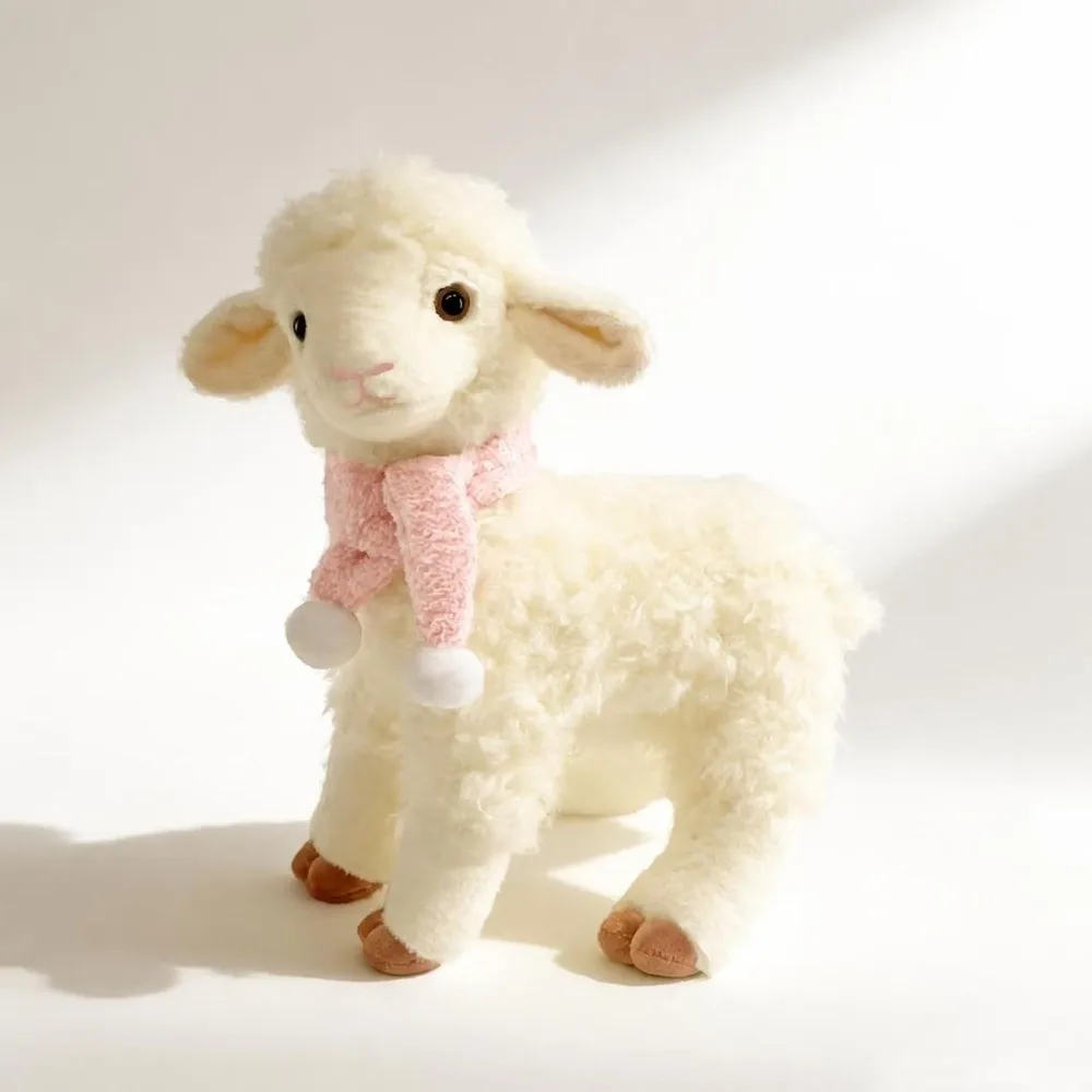26cm 31cm Standing Sheep Pink Scarf White Pompom White Lamb Soft Curly Fur Animal Soft Curly Fur Animal Collection Hobby