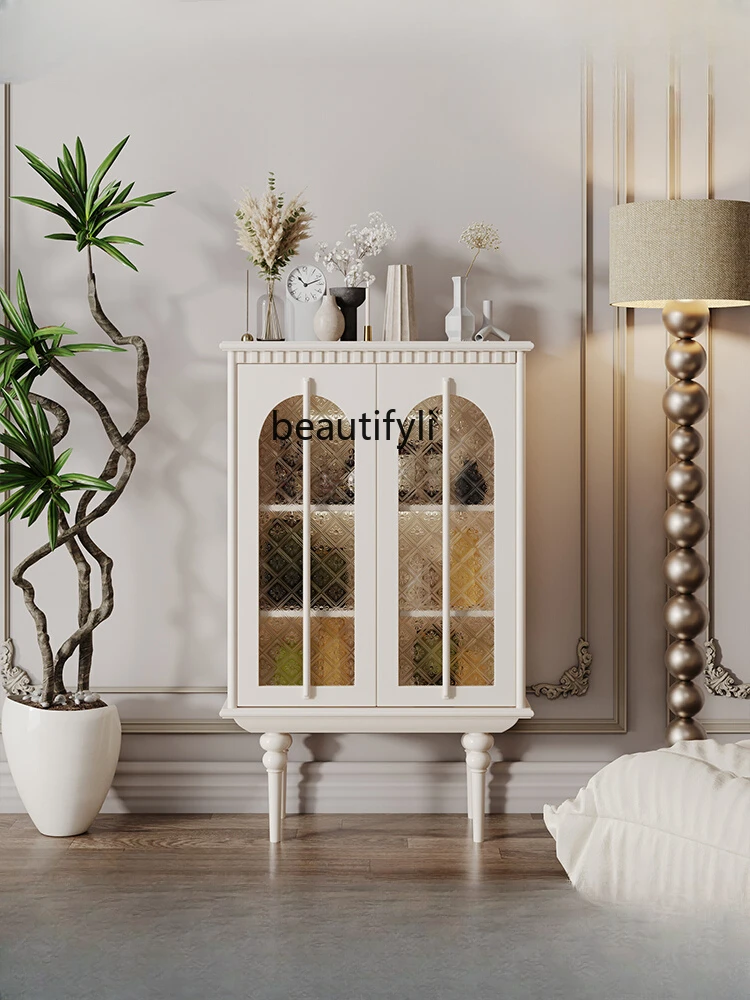 French Retro Solid Wood Dining Glass Door Storage Wine Cabinet Cream Style Induction Lamp Display Storage Side Cabinet