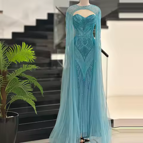 Simple strapless celebrity gown with Cape Sleeve Arabian Dubai Prom Dress Sweetheart Sequin Beaded Evening Dress Customized