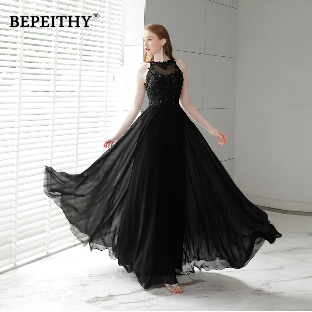 BEPEITHY Customized Fashion Backless Chiffon Prom Dresses O Neck Sleeveless Vintage Evening Dress Lace Appliques Robe De Soirée