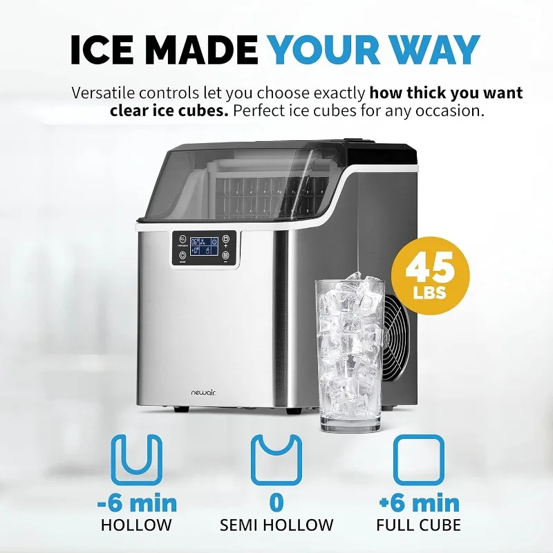 Newair Countertop Clear Ice Maker, função de auto-limpeza e Custom Ice Espessura Ice Cube Machine, 45lbs/Day