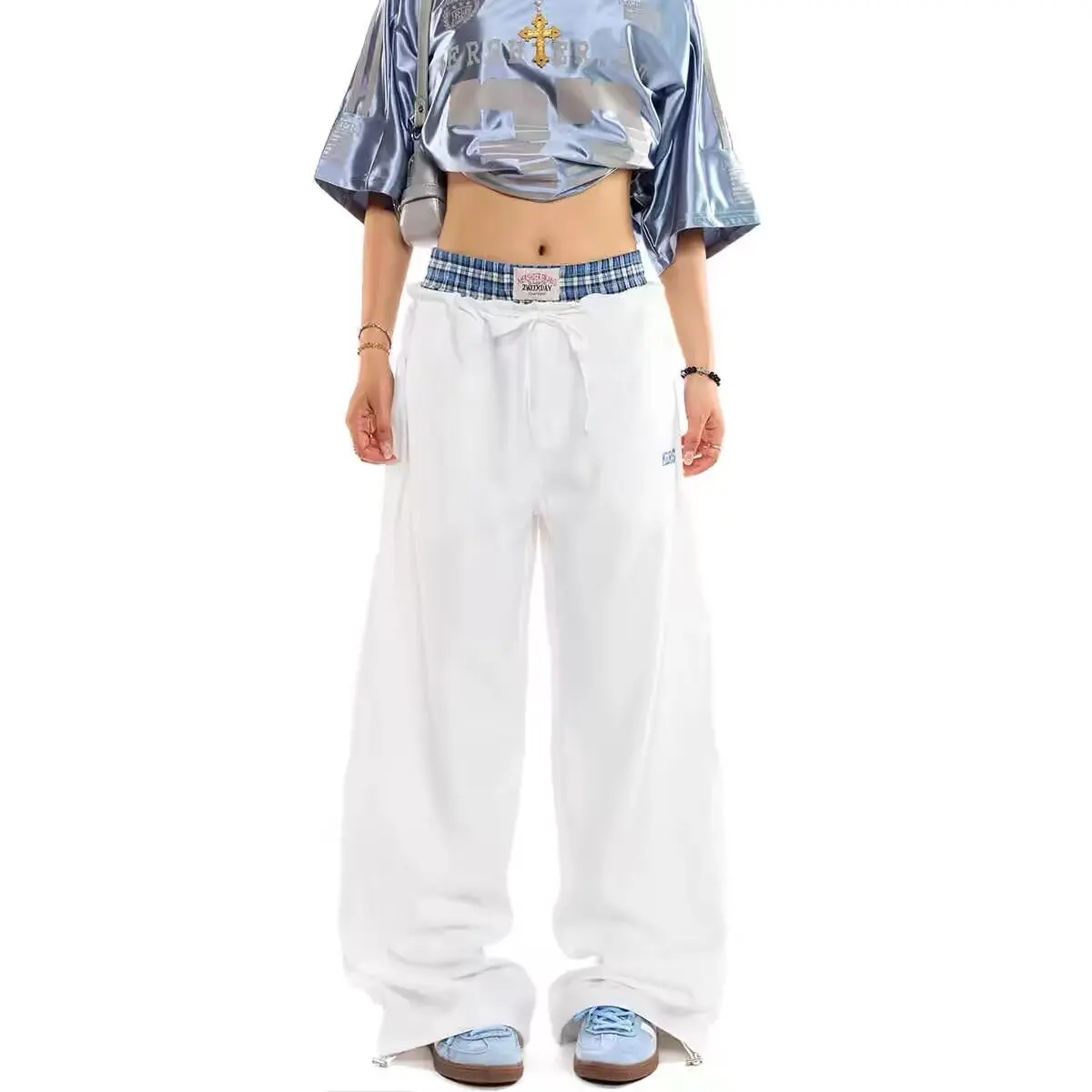 Faux pantalon de survêtement décontracté en deux pièces à jambe large, patchwork de tête à carreaux, streetwear blanc, pantalon de parachute, jambe double taille, FJK, Y2K