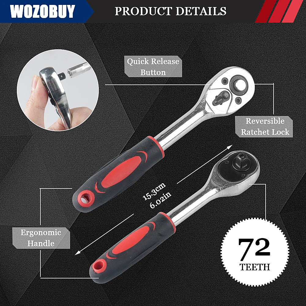 46pcs 1/4 Inch Drive Socket Set,Ratchet Socket Wrench Set,72-Teeth Reversible Pear Head Ratchet,for Home or Car Maintenance