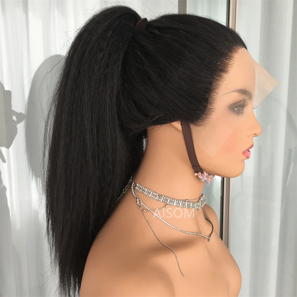 Kinky Straight Lace Wig Transparent Yaki 13x4 Synthetic Lace Front Wigs for Women with Baby Hair Black Color 180% Density