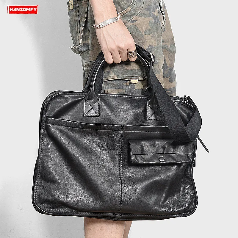 Men's Briefcases Retro Genuine Leather Handbag Leather Business Computer Shoulder Bag Briefcase Black First Layer Cowhide Men