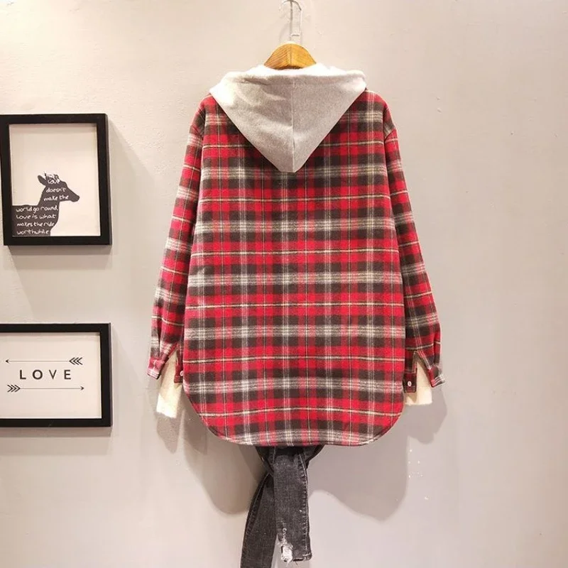 Hooded Plaid Shirt Female Mid-length Style Buffing Korean Version Western Style Fallow All-match Loose Coat Spring and Autumn