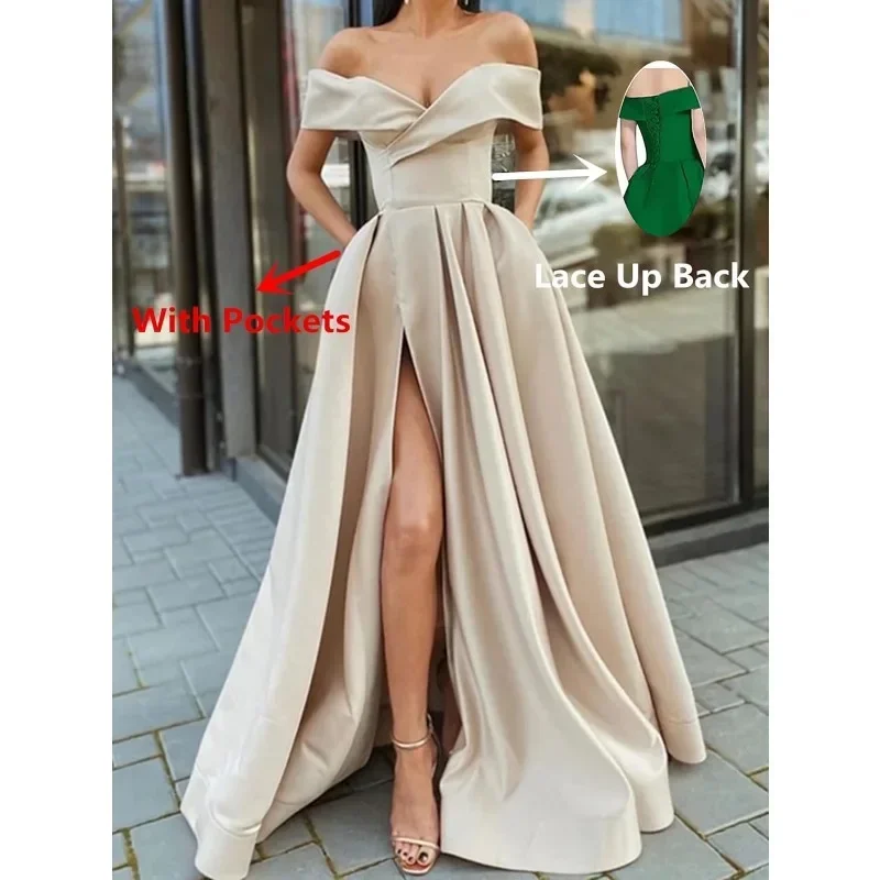 Floor Length Evening Gowns Quinceanera Dress Off The Shoulder Emerald Green Satin Long Prom Dresses with Leg Slit V-neck