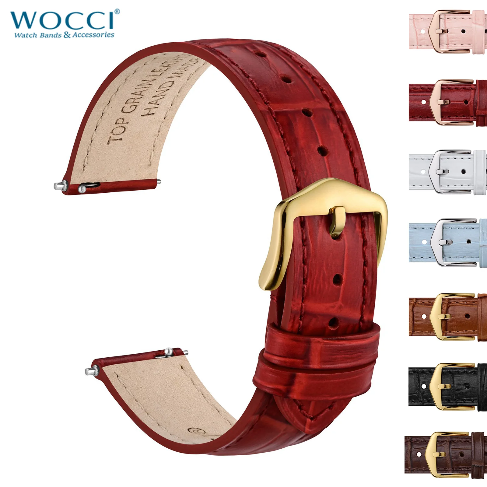 WOCCI Alligator Embossed Leather Watch Band for Women, Top Grain Leather, Polished Buckle, Band Width 12mm 14mm 16mm 18mm 20mm