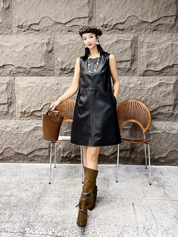 Women Casual A-Line Genuine Leather Dress Summer Sleeveless Loose Fit Natural Sheepskin Tank Dress O-Neck Female Short Dresses