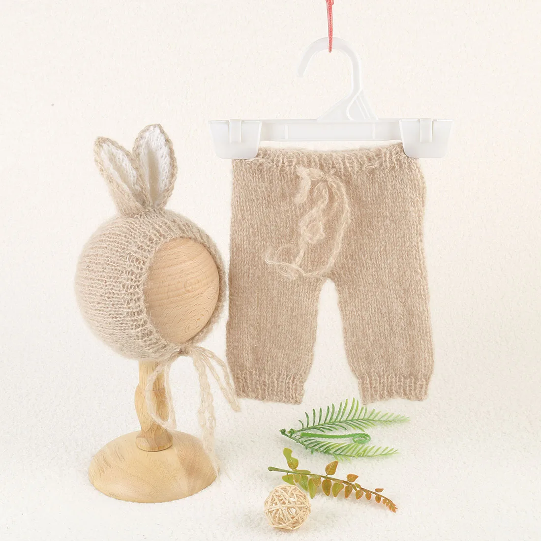 Newborn Baby Boy Beige Knitted Rabbit Hat And Shorts Set Crochet Rompers Overall Animal Diapers Photography Props