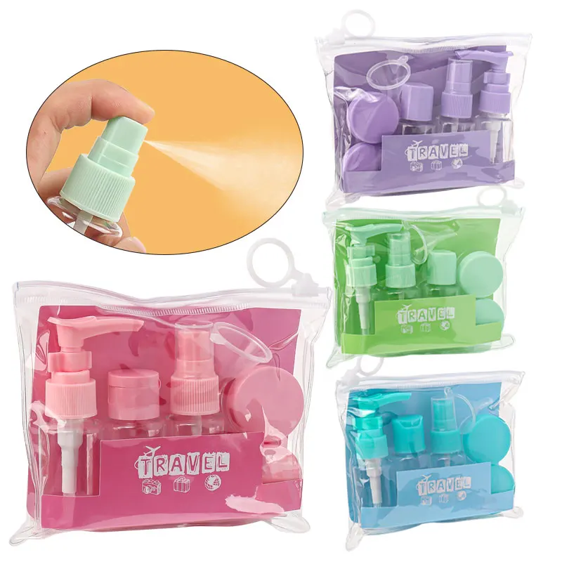 7 Uds. Bolsa de botella de viaje, juego de lavado, champú de maquillaje, baño corporal, producto portátil para el cuidado de la piel, crema de manos, botella de loción en aerosol recargable