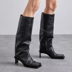 Square Toe Punk Knee High Boots Thin Block Heels Black Leather Size Zip Fashion Sexy Ladies Daily Casual Autumn Booties