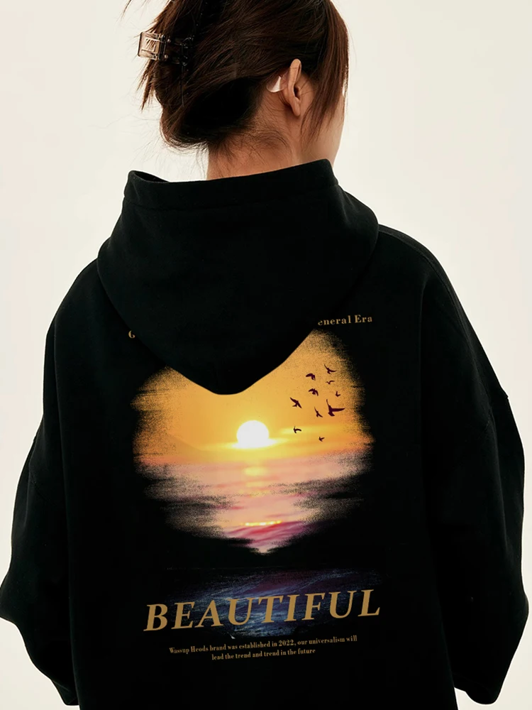 

Sunset Guochao Hooded Sweater Men's Autumn and Winter Street Heavy Hoodie Loose Versatile Couple Jacket