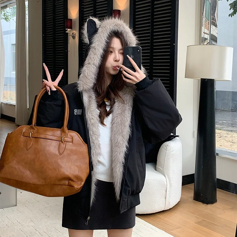 Women Shearling Parkas Coats Solid Jackets Hooded Zipper Pocket Long Sleeves Thick Loose Office Lady Casual 2025 Autumn Winter