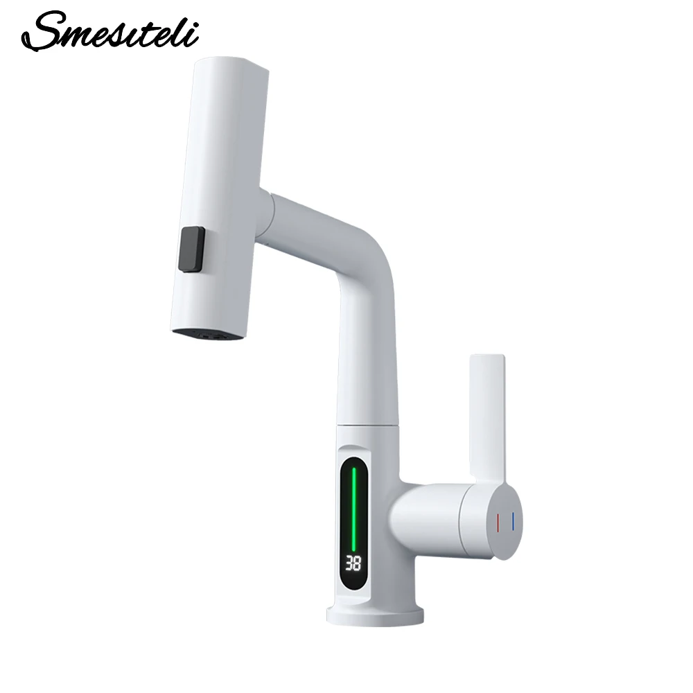 

Temperature Digital Display Basin Faucet Pull Out Waterfall Stream 3 Way Sprayer Hot Cold Water Sink Mixer 360 Rotating Wash Tap