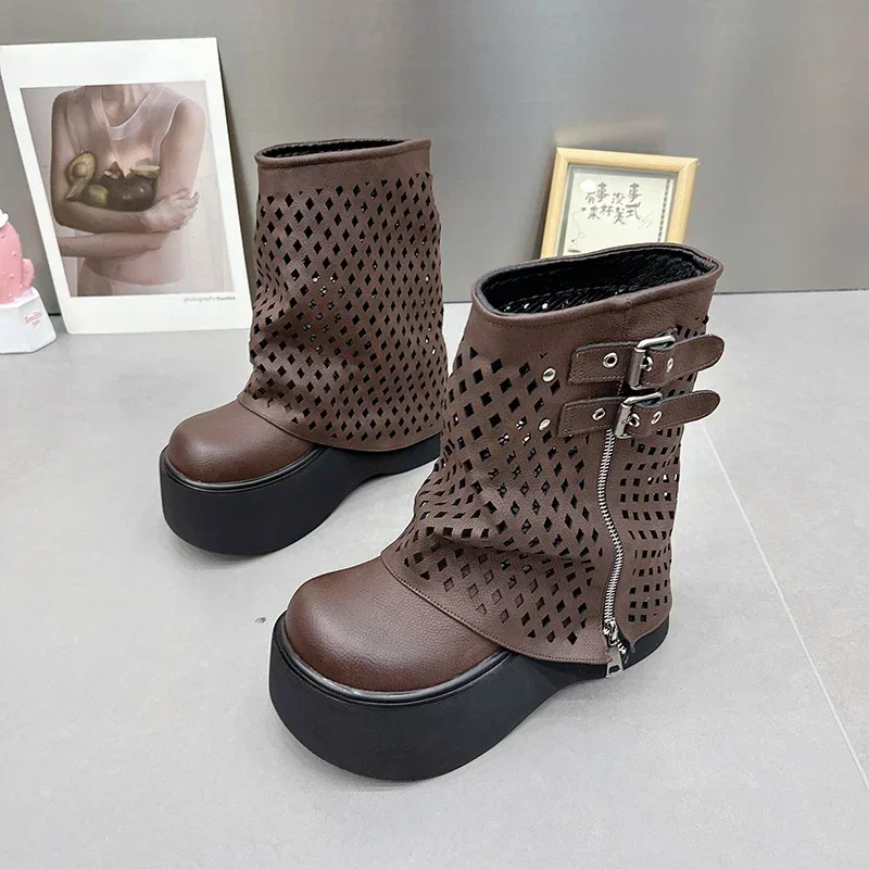 Bottes Courtes Ajourées avec Ceinture pour Femme, Chaussures Plates, Élégantes, à la Mode, Automne Hiver