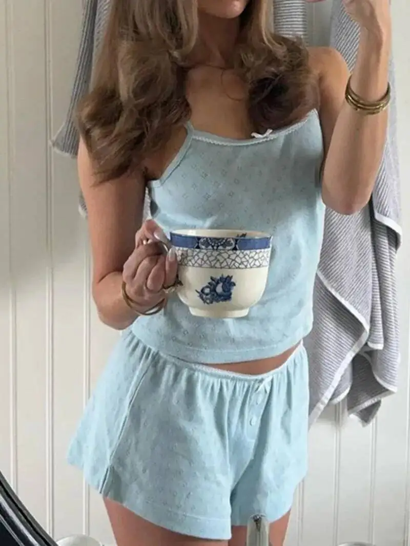 Comfy 2 Piece Pajama Set Retro Kawaii Bow Sleeveless Camis Crop Tops + Shorts Y2K Women Sleepwear Casual Women Shorts Set