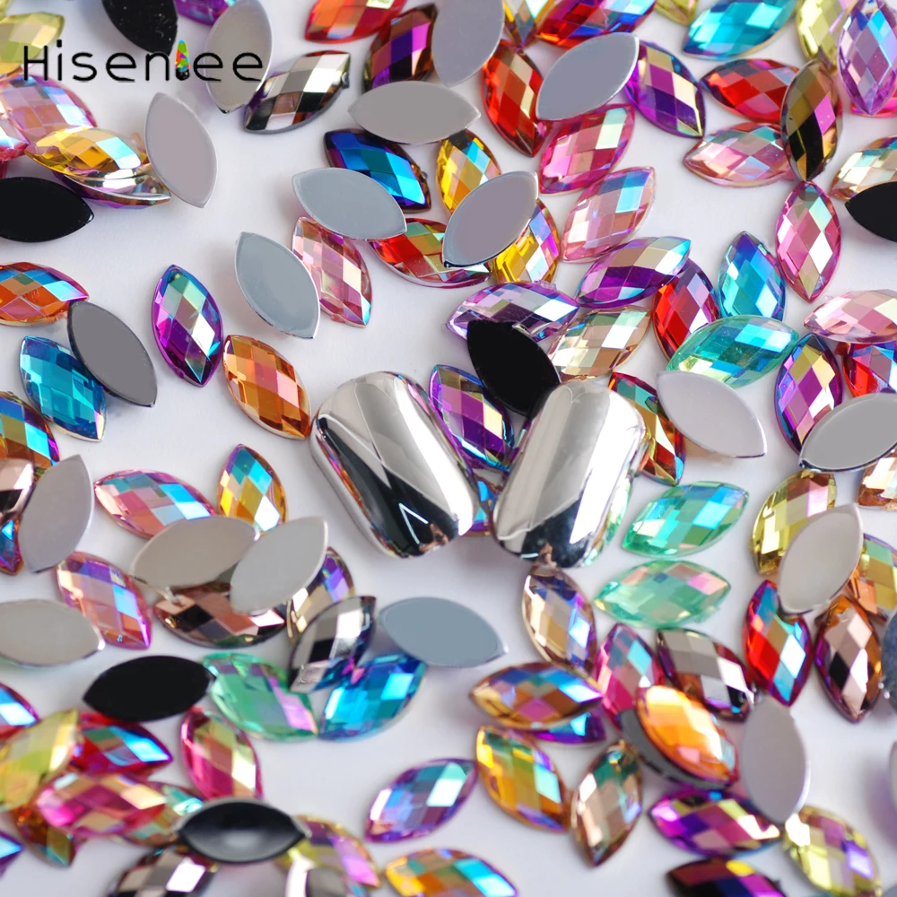 100Pcs Crystal Acrylic Horse eye Shape Rhinestone AB Color 3D Nail Art Flat Back Marquise Earth Facet Decorative Strass