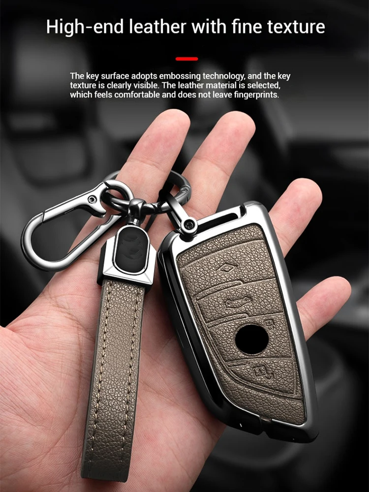 Metal Leather Car Key Case Cover For BMW 218i 220i 740i 760i 5-Series G60 X1 X2 X5 X6 X7 iX1 iX2 iX i5 i7 G05 Holder Shell
