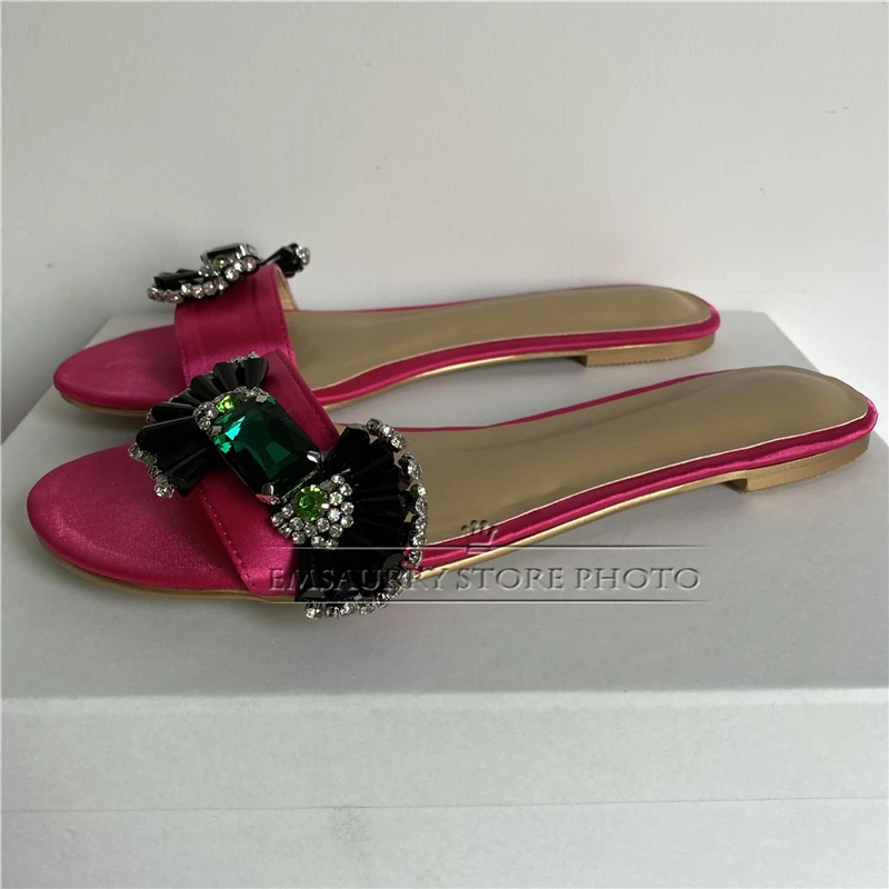 Sexy Summer 2024 Candy Butterfly-knot Slippers Luxury Satin One-strap Flat Mules Rhinestone Outwear Shoes Woman