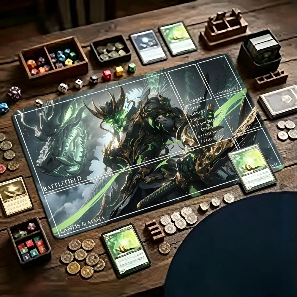 Green Dragon Samurai Mecha TCG Playmat 35X60CM Tabletop Trading Mat Non-Slip Durable Stitched Edge Three Templates Available