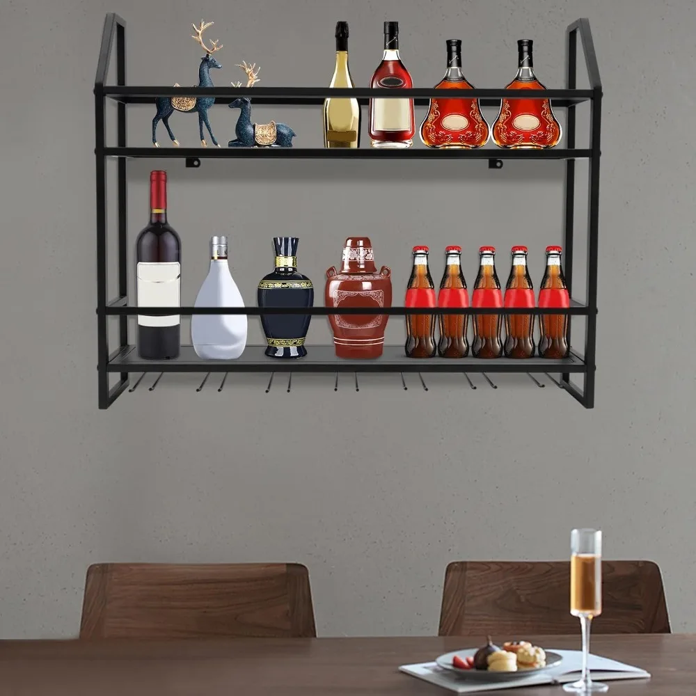 3-Tier Wine Racks Wall Mounted Wine Glass Holder Industrial Wine Holder Organiser with Storage Bar Wine Racks for Mini Bar Home