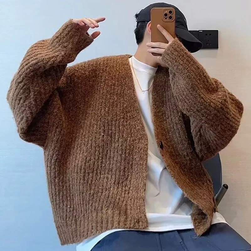 Herbst Winter männer Einfarbig Strickjacke Pullover Strickwaren Koreanische Taste Strickjacke Männlichen Vintage Pullover Hip-Hop Streetwear – Detail 14