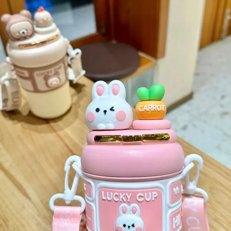 Cute Rabbit Bear Thermos Double Drinking Straw Tumbler Water Bottles For Boys and Girls Portable Children's Drinking Water Cup