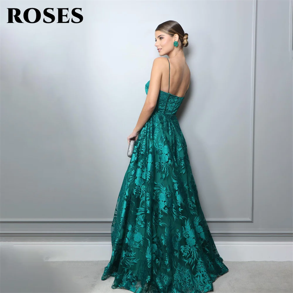 ROSES Spaghetti Strap Evening Gown Elegant Green A Line Prom Dress Appliques Lace Sweetheart Neck Evening Dress robes de soirée