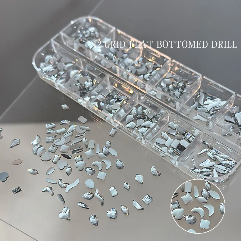 12 Grids Sparkle Crystal Flat Bottom Glitter Rhinestones Geometric Irregular Nail Art Decorations DIY Manicure Tool Accessories