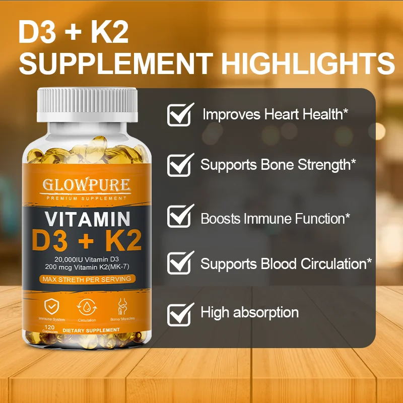 D3 K2 Vitamins Capsule for Bones, Joint, Calcium Absorption, Cardiovascular, Immune System Daily Health Supplement