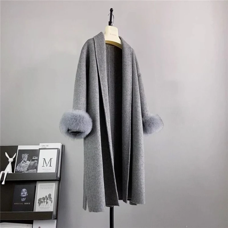 Winter Wool Blend Coat Faux-Fox Fur  Cuffs Long Hepburn Style Double-Faced Woolen Goods Cashmere Overcoat Jackets Fashion Coat