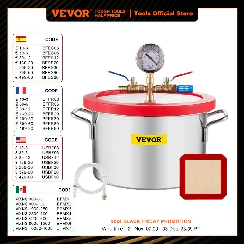 VEVOR Stainless Steel Vacuum Chamber 1.5-5 Gallon Vacuum Degassing Chamber Glass Lid Silicones for Gas Extraction and Protect Fo