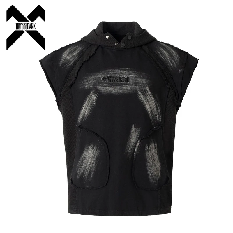 2024 Vintage Sleeveless Hoodie American Retro Punk Graffiti Pullover Trendy Unisex Tops Men Hip Hop Streetwear Hoodies Black