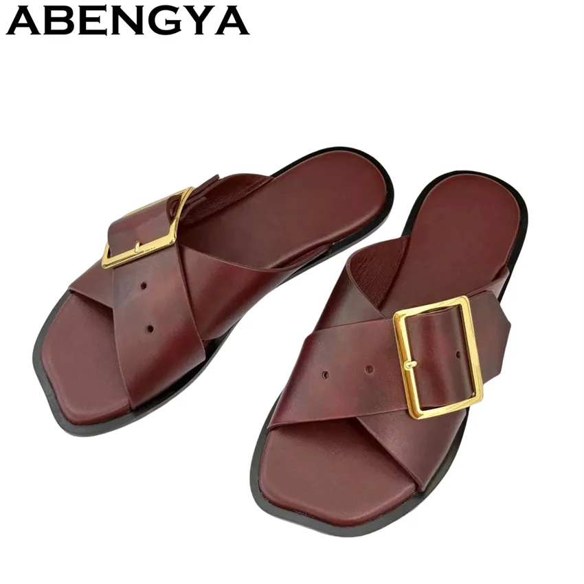 

2025 Summer New Women's Open Toe Flat Slippers Genuine Leather Buckle Flat Slippers Women Casual loafers Shoes Zapatos De Mujer