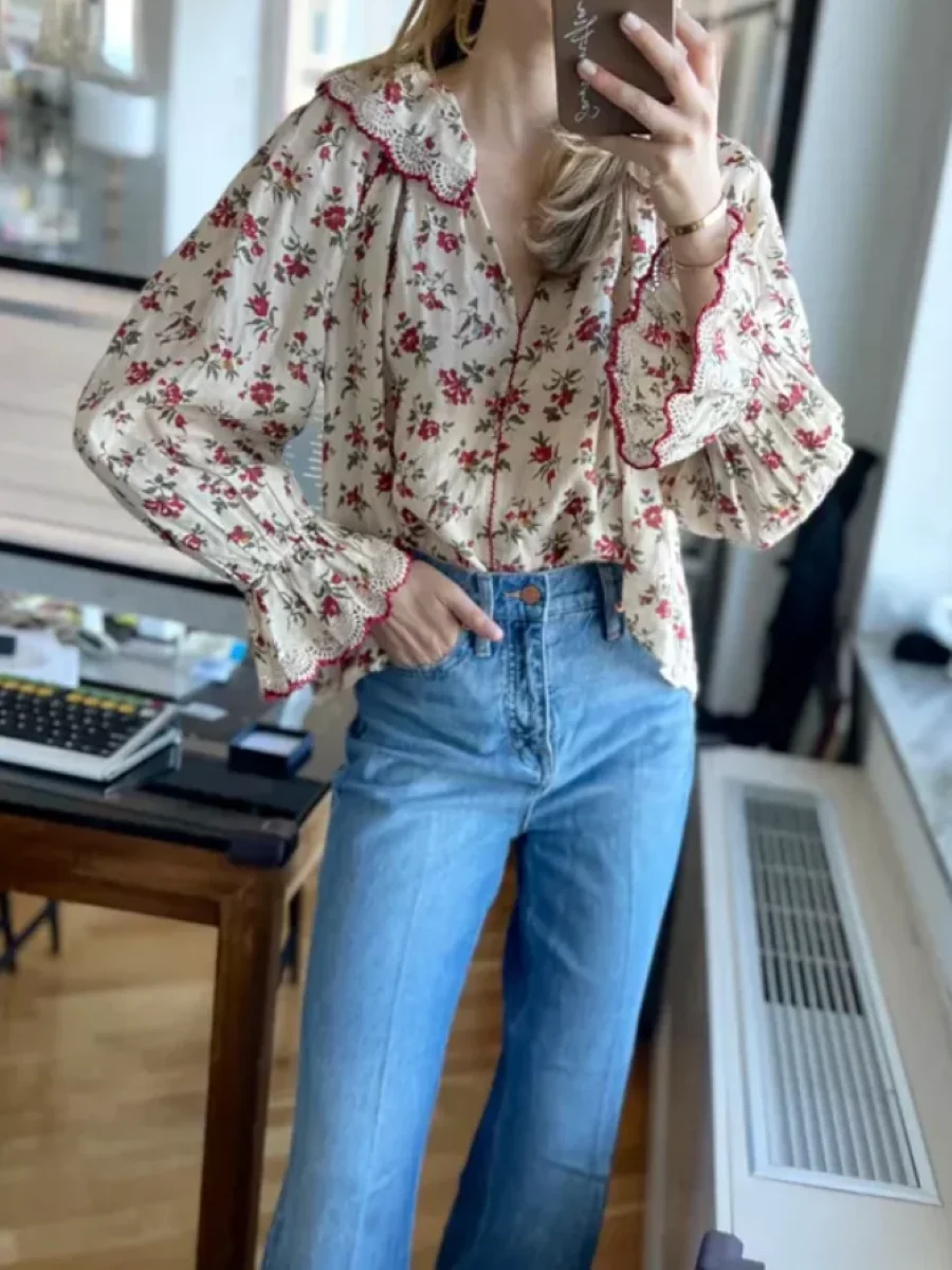 

Flower Printed Female 100% Ramie Shirt Spring Handmade Crochet Embroidery Doll Collar Long Sleeve Single Breasted Vintage Blouse