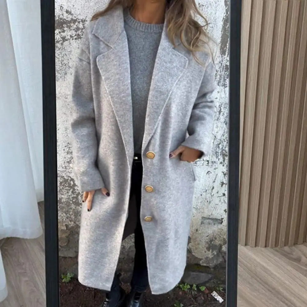 

Solid Color Coat Stylish Women's Woolen Jacket with Turn-down Collar Button Closure Loose Fit Overcoat for Commuting Dating